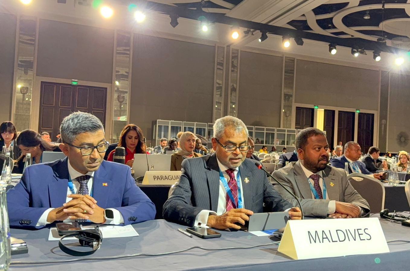 H.E. Dr. Thoriq Ibrahim, Minister of Climate Change, Environment, and Energy attended and delivered a statement at 15th IRENA Assembly; joined by Ambassador H.E. Mohamed Hussain Shareef and multilateral staff. 